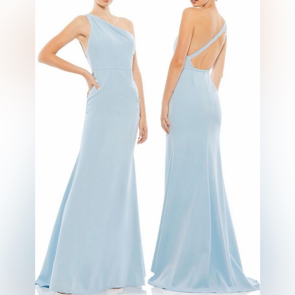 NWOT Mac Duggal One Shoulder Jersey Mermaid Powder Blue Gown Sz 4